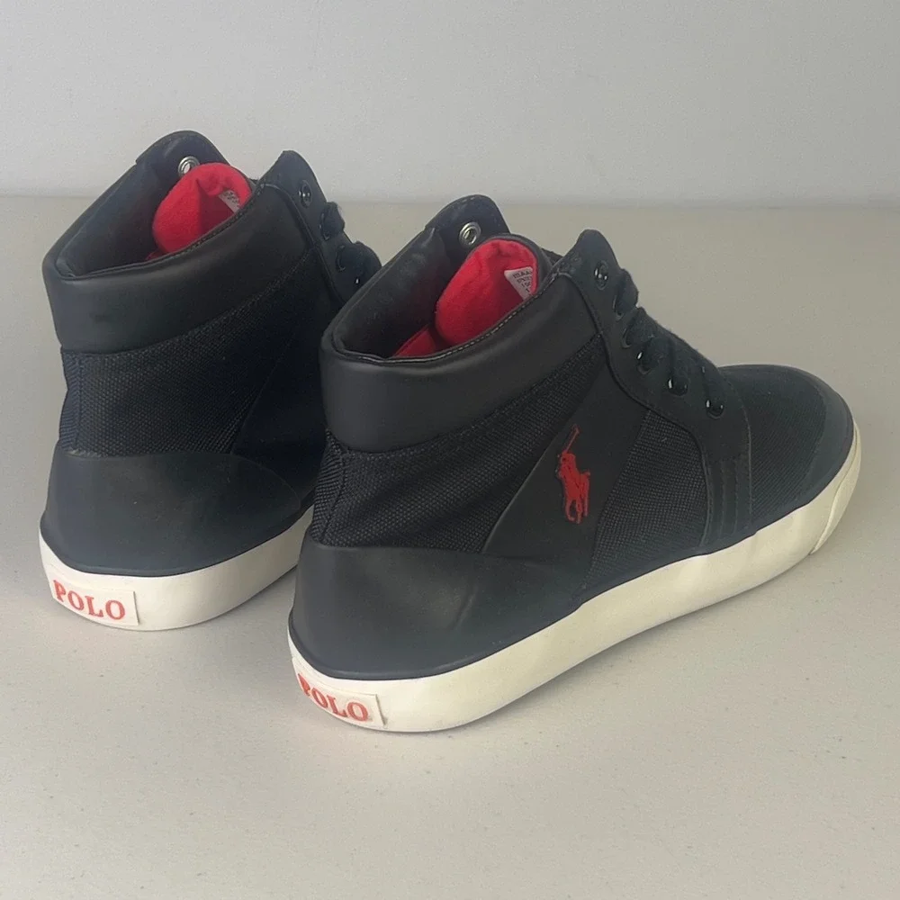 Polo Ralph Lauren Isaak Sneakers Mens 10.5D Black Red Excellent High Top Lace Up